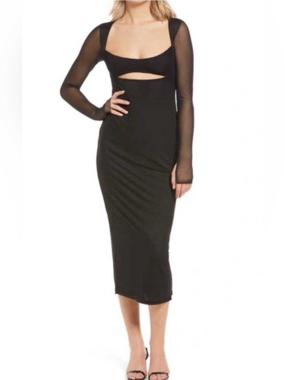 AFRM Kellen‎ Cut Out Long Sleeve Mesh Midi Dress Small Noir Black Cocktail Party